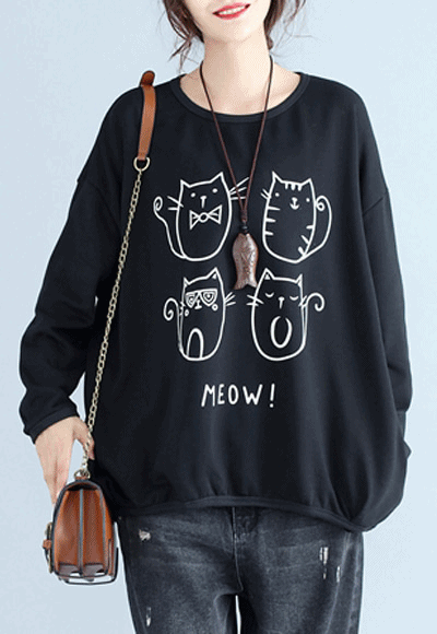 [당일배송](수입) 고양이 네마리 예쁜 라운드 티셔츠-8178