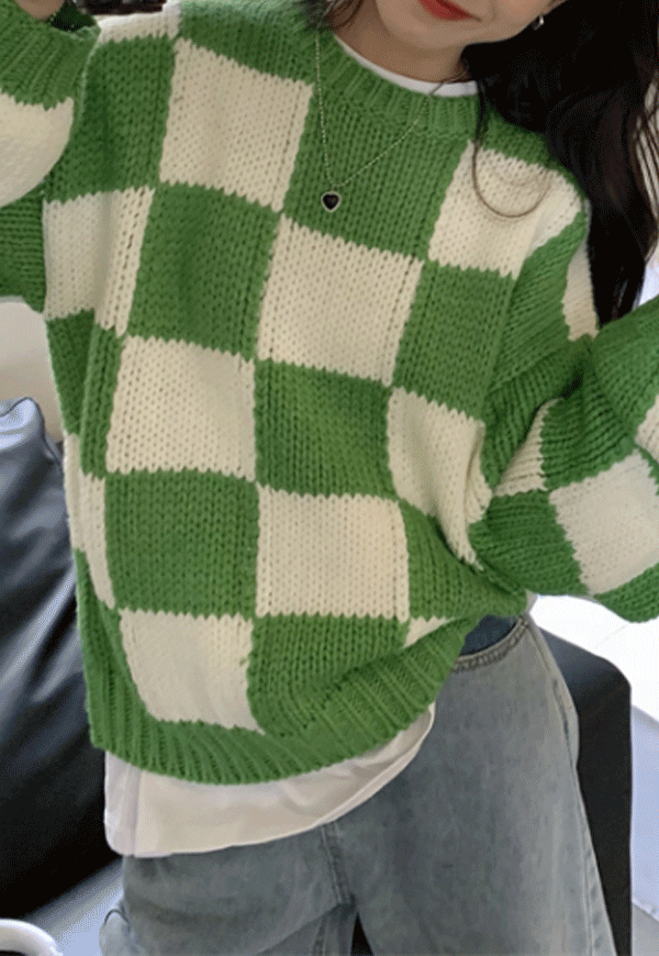 (수입) 빈티지 그린 배색 루즈핏 스웨터