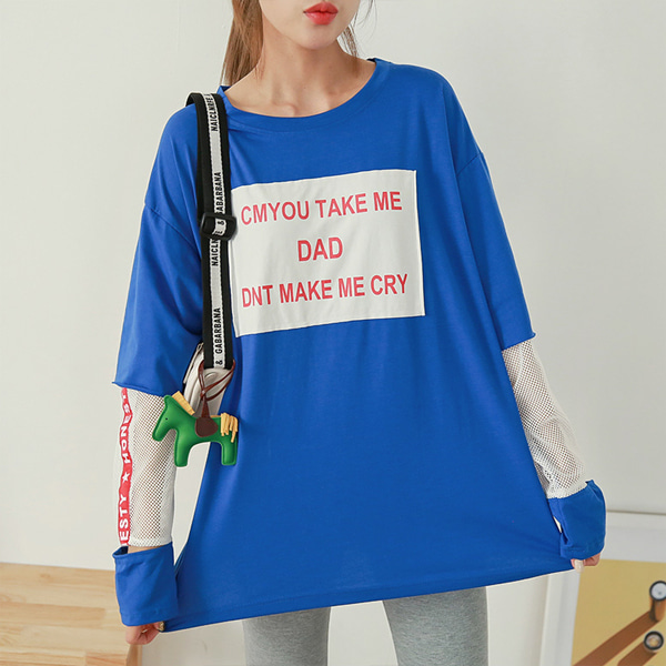 (수입) 메쉬 소매 영문 레터링 티셔츠