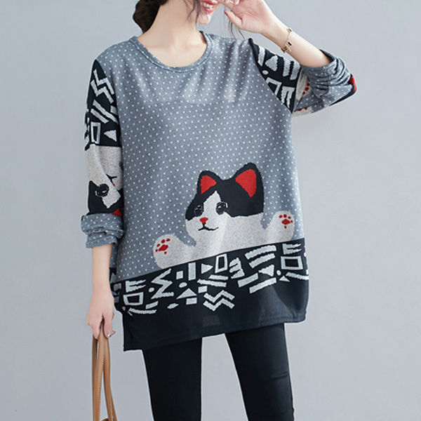 (수입) 귀여운 고양이 도트 패턴 티셔츠-1258