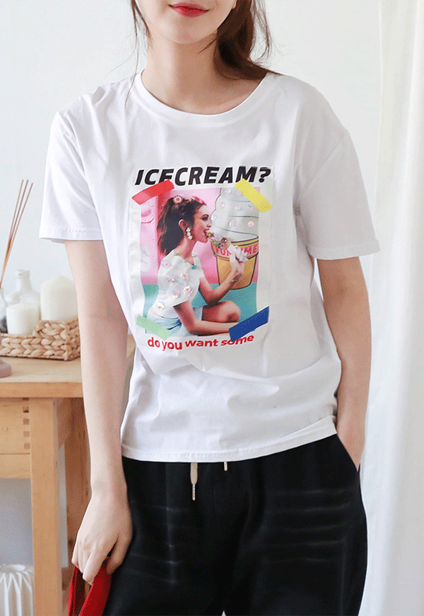 [당일배송](수입) 아이스크림 여인 큐빅 반팔 티셔츠-1919