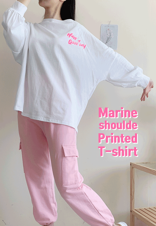 (수입) 마린 오프숄더 프린팅 티셔츠